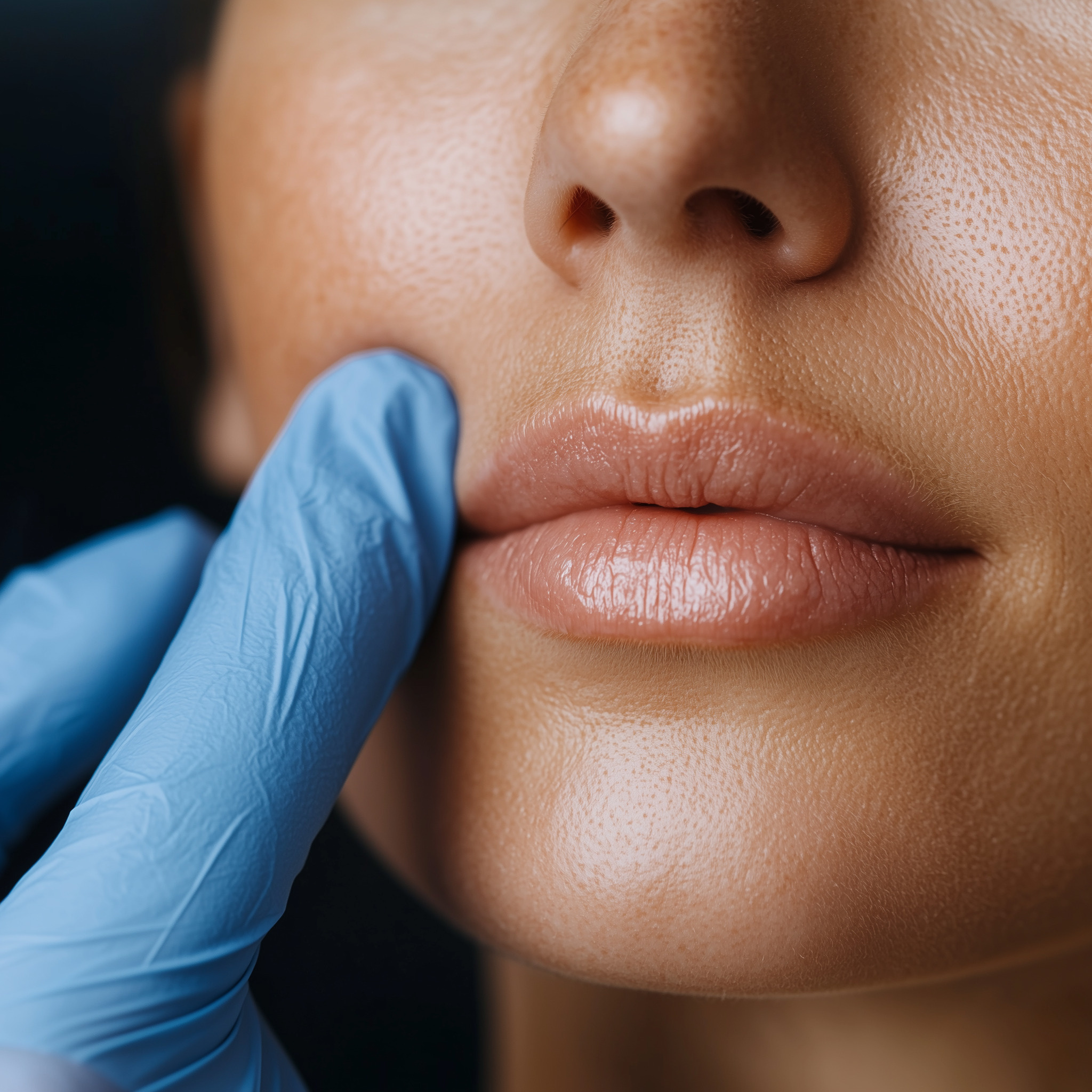 lip filler aesthetics cosmetic treatment lip line vermillion border lip blush beauty medical volume injectables close up high definition blue glove